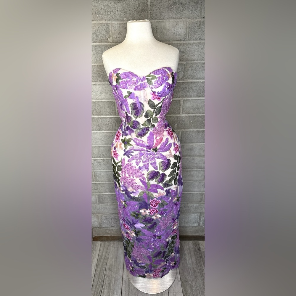 Bella Barnett Floral Sequin Strapless Maxi Dress Purple Embroidered Mesh M - Picture 5 of 13